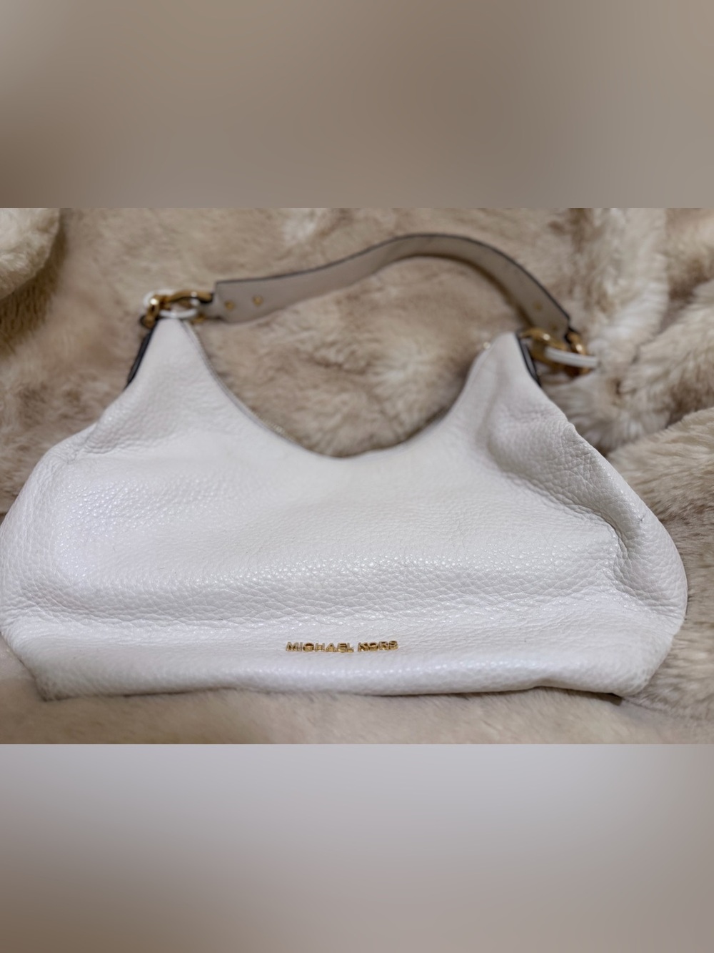 Michael Kors White Pebbled Leather Shoulder Bag with Gold Hardware
